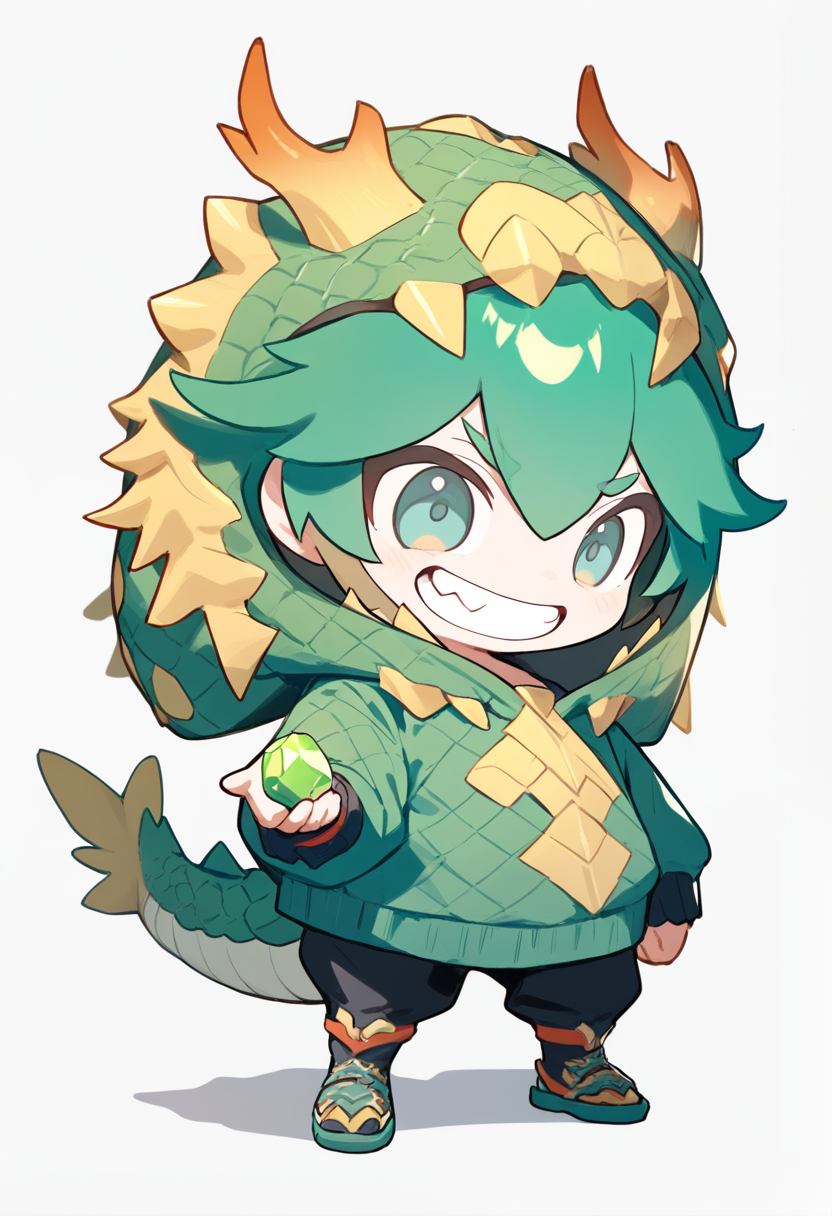 Chibi, Maskottchen-Design, Drachenhörner, kleine Flügel, Hoodie mit grünem Schuppenmuster, hält Edelstein, breites Grinsen, kurzer Stummelschwanz