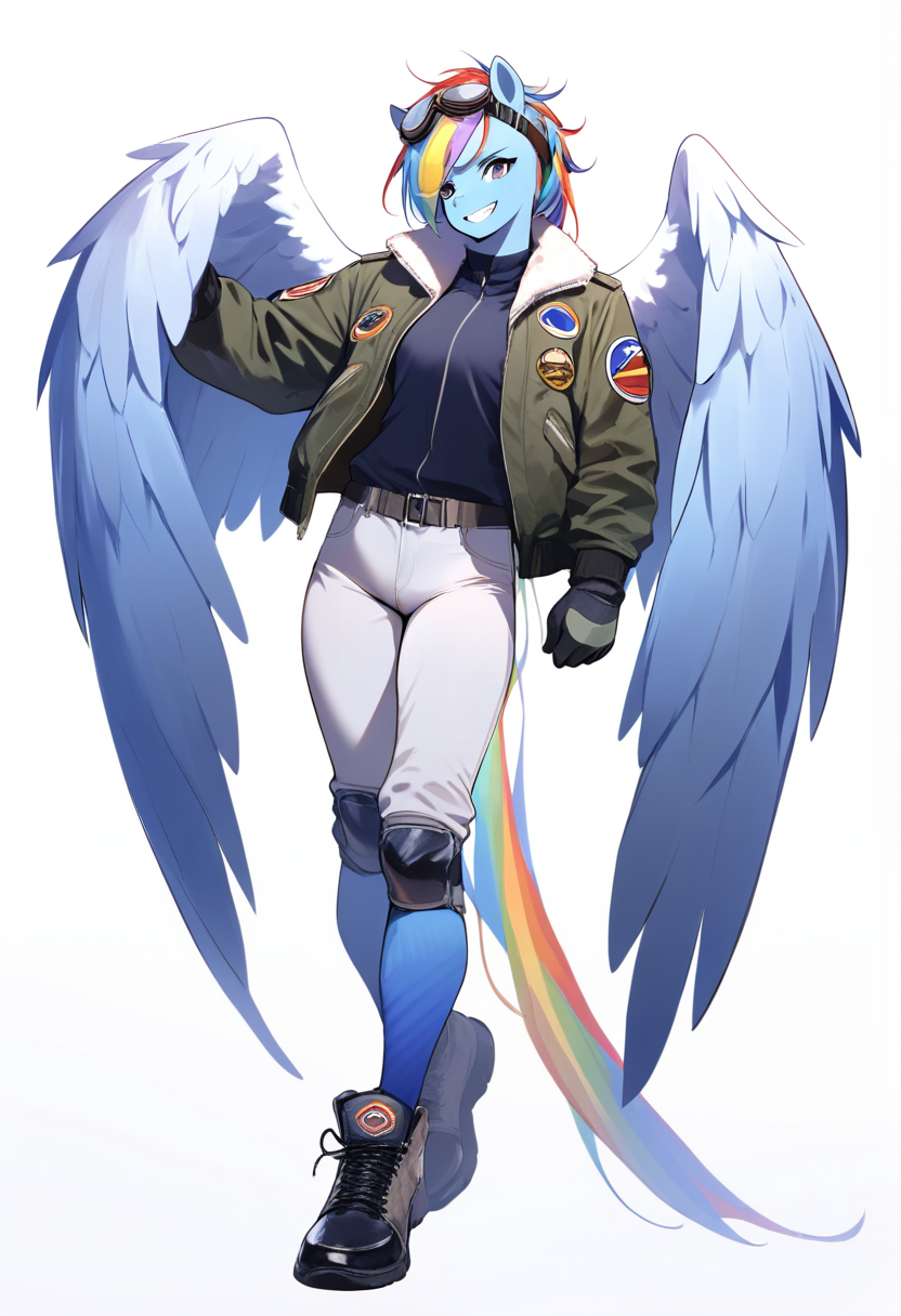 My little pony, pegasus boy, sky blue skin, rainbow streaked hair, feathered wings spread wide, athletic build, flight jacket, goggles on head, confident grin