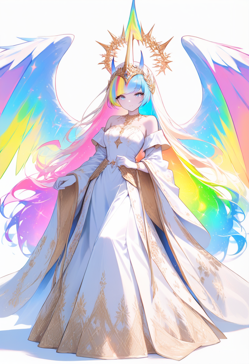 My little pony, alicorn girl, white skin, ethereal flowing pastel rainbow hair, both horn and large wings, golden crown and necklace, regal white gown, serene expression