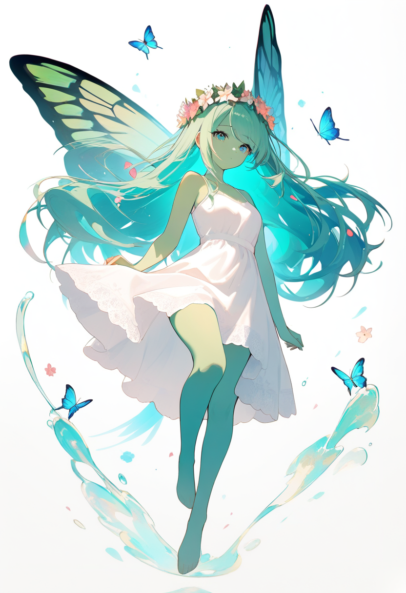My little pony, pegasus girl, mint green skin, long teal hair, butterfly wings instead of feathered wings, flower crown, sundress, bare feet, gentle floating pose