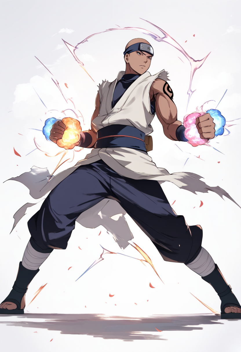 Naruto shippuden style, shinobi, bald head with tribal tattoos, dark skin, cloud village headband, white sleeveless vest showing muscular arms, lightning chakra crackling around fists, intense gaze