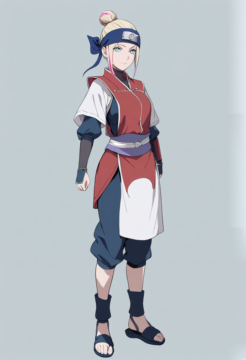 Naruto shippuden style, kunoichi, long blonde hair with pink streaks in buns, teal eyes, rain village headband, black and red anbu-style armor, porcelain mask pushed to side of head, ninjato blade drawn