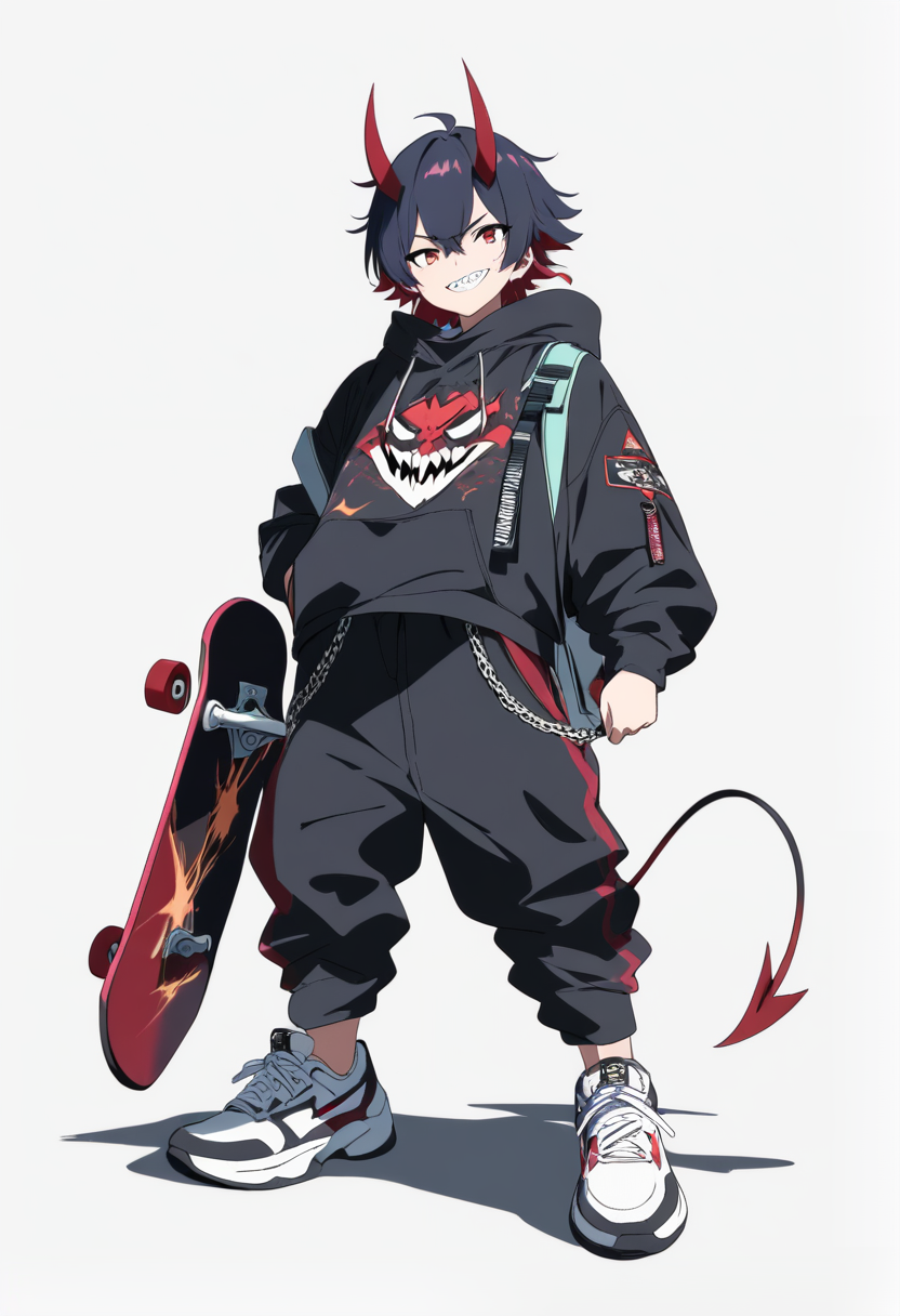 Anime coloring, original character, horns, demon tail, sharp teeth, casual streetwear, sneakers, skateboard under arm, rebellious grin