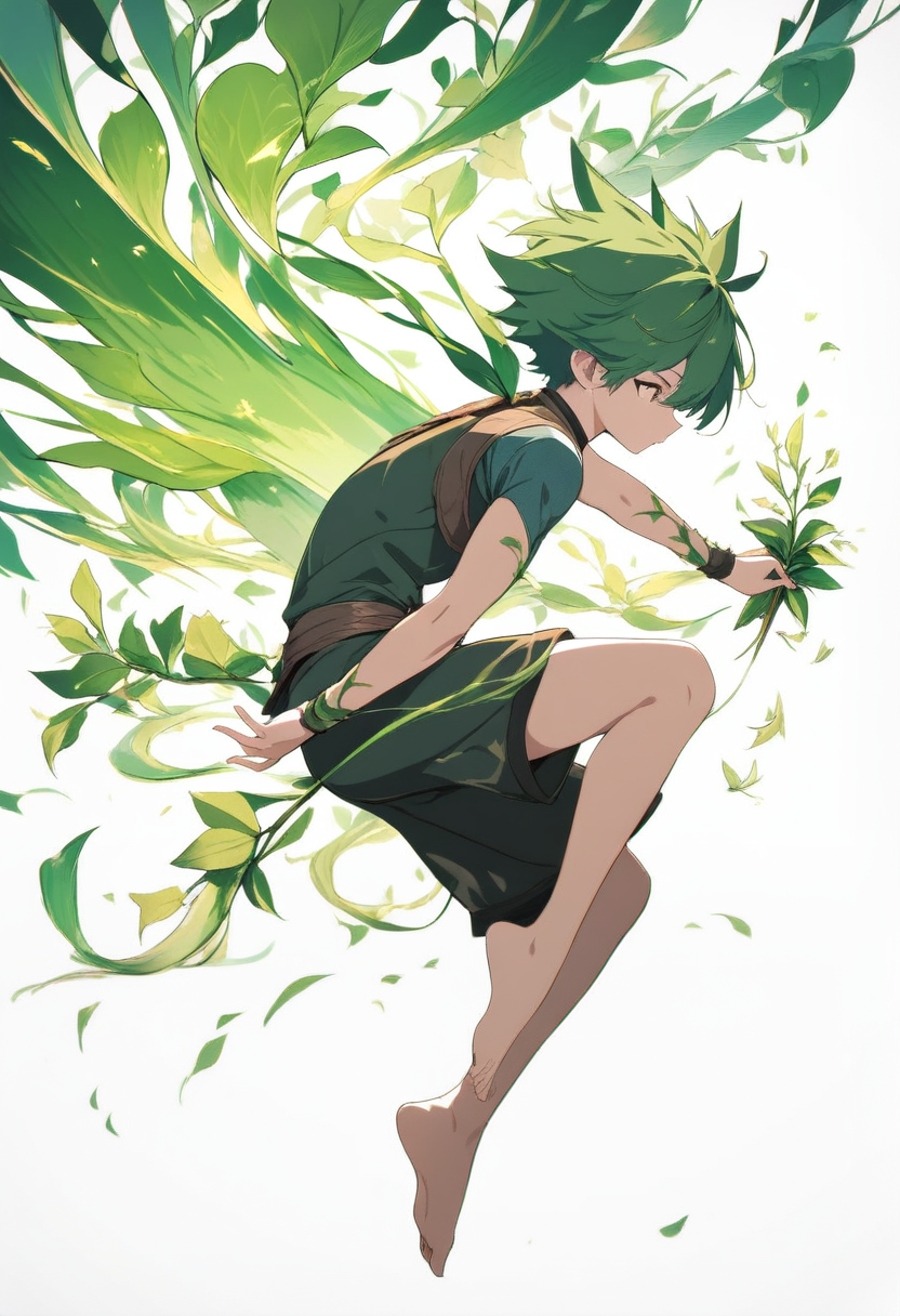 Anime coloring, original character, plant theme, vine tattoos, green hair with leaves, earth-toned clothes, bare feet, holding sapling, nature magic aura