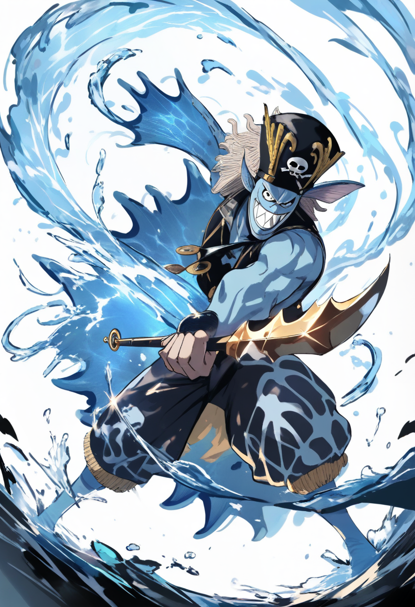 One piece style, fishman pirate, light blue skin, webbed hands, fin ears, sharp teeth grin, black sleeveless shirt, trident weapon, water swirling around feet, powerful stance