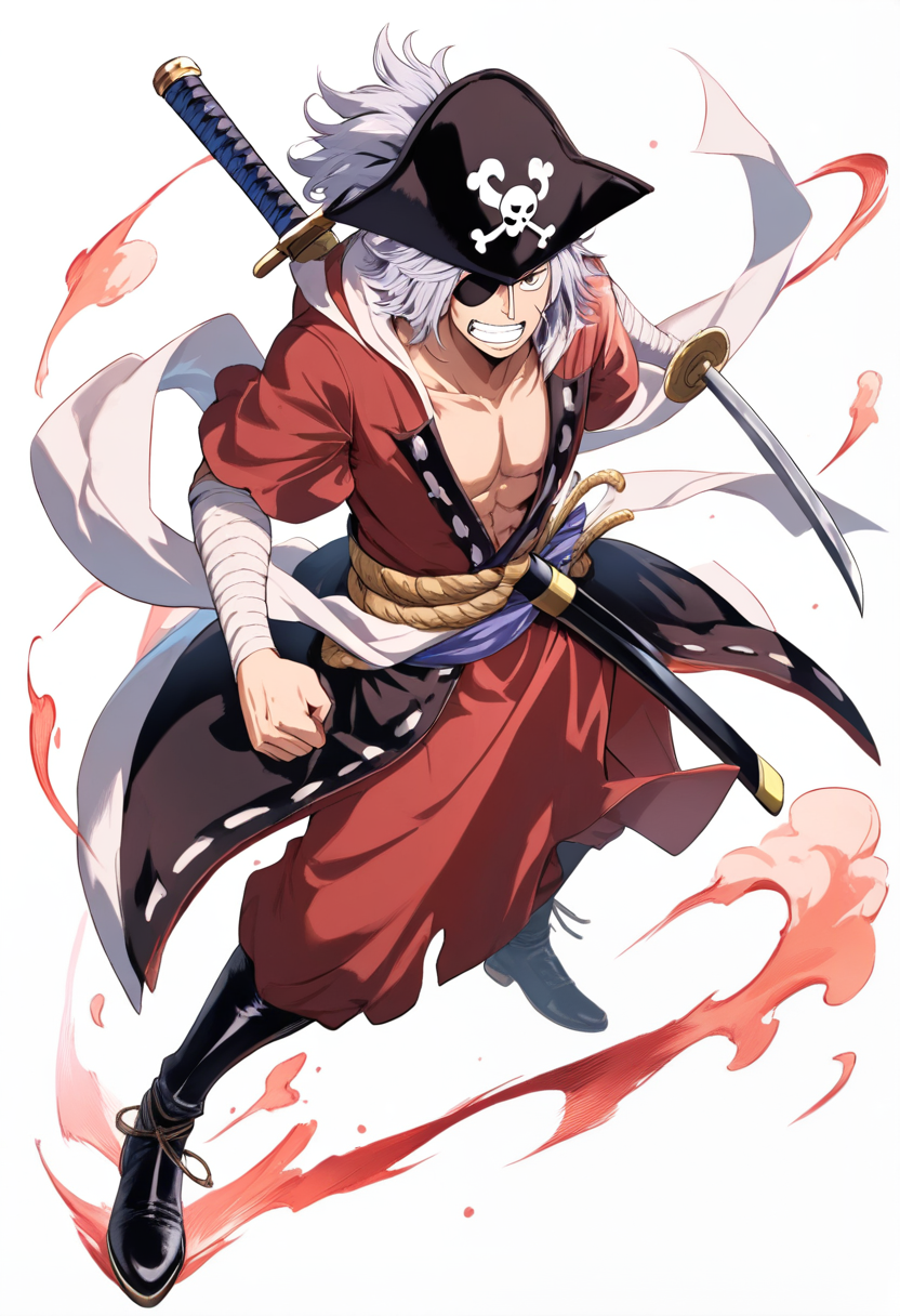 One piece style, pirate swordsman, messy silver hair, eye patch on right eye, dark red kimono style top, three swords at waist in different sheaths, bandaged arms, fierce battle expression