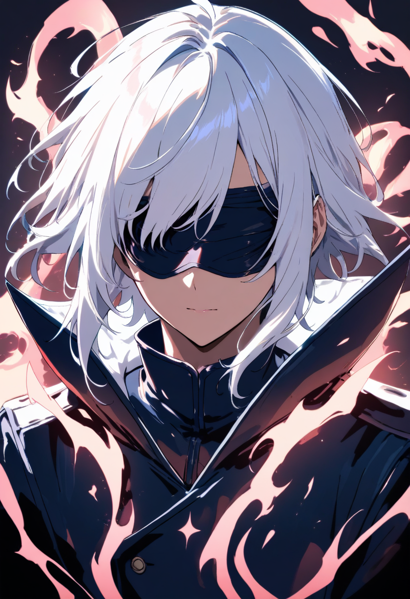 Anime coloring, long white hair, blindfold, serene expression, high collar coat, mysterious aura, ethereal glow
