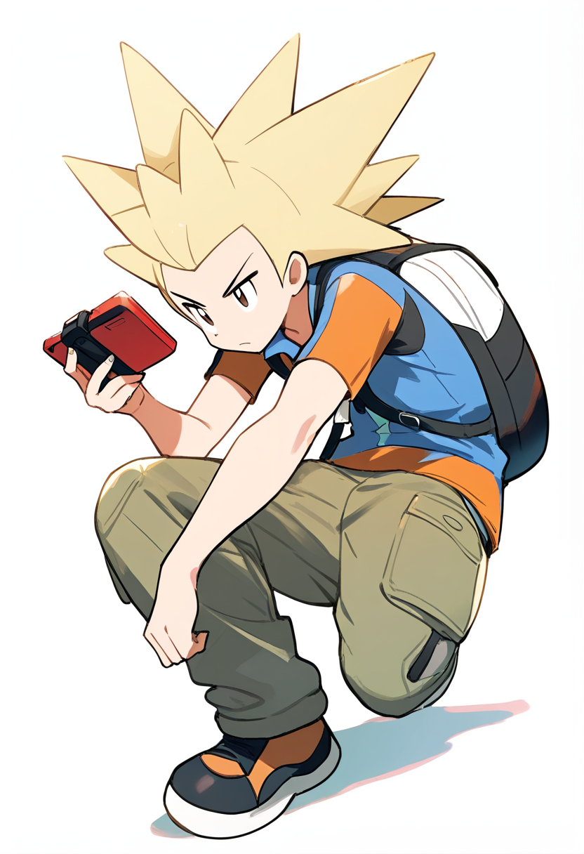 Pokemon style, blonde spiky hair, pokemon trainer, blue vest, cargo pants, backpack, holding pokedex, adventurous pose