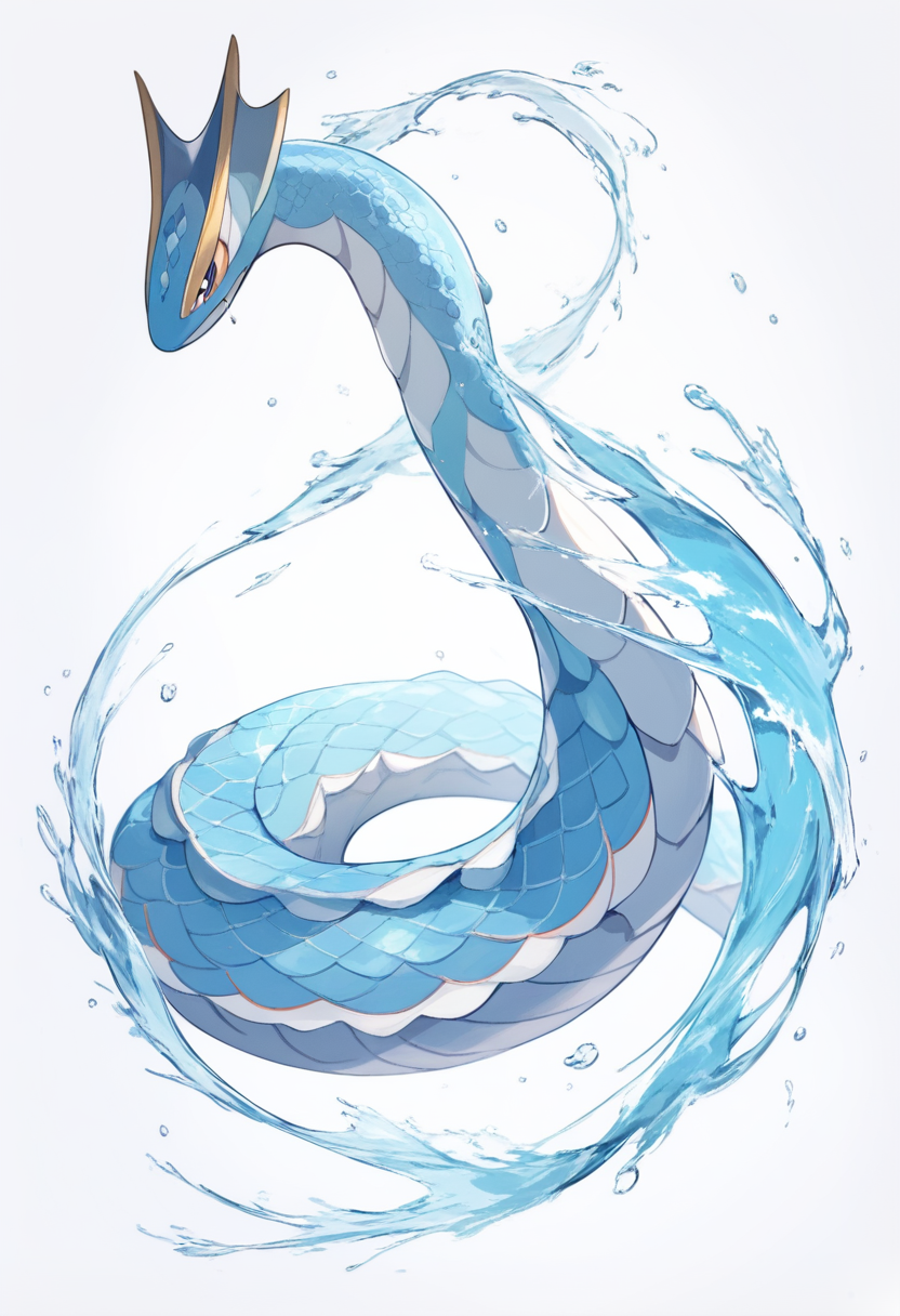 Pokemon style, water serpent pokemon, blue and silver scales, fin crest, elegant aquatic body, coiled pose