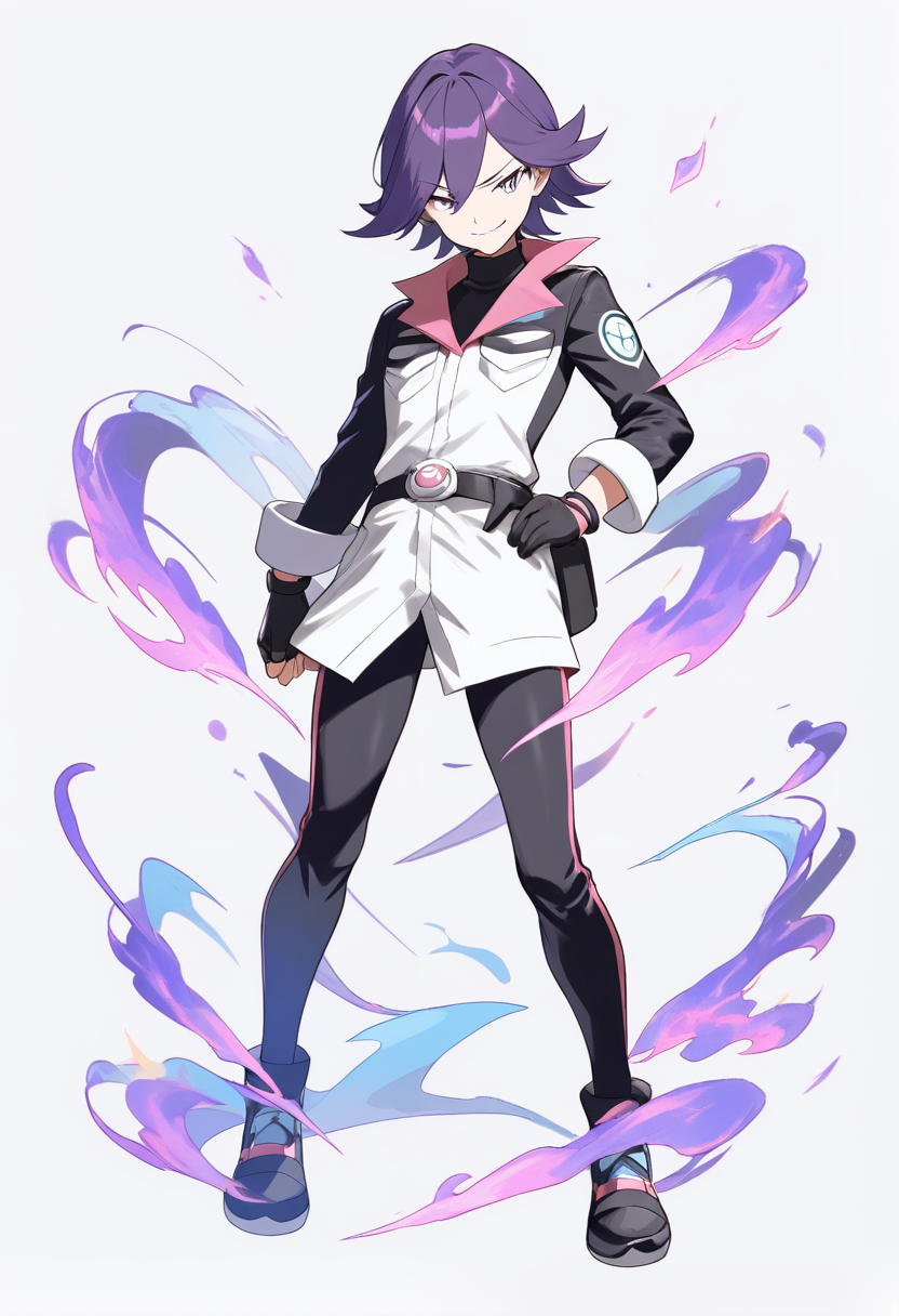 Pokemon style, dark purple hair, pokemon gym leader, black turtleneck, ghost type specialist, mysterious aura, smirking