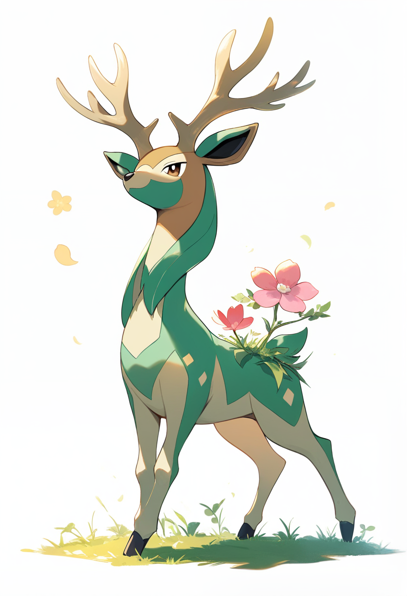 Pokemon style, grass deer pokemon, green leafy antlers, brown and green body, flower blooming on back, majestic standing pose