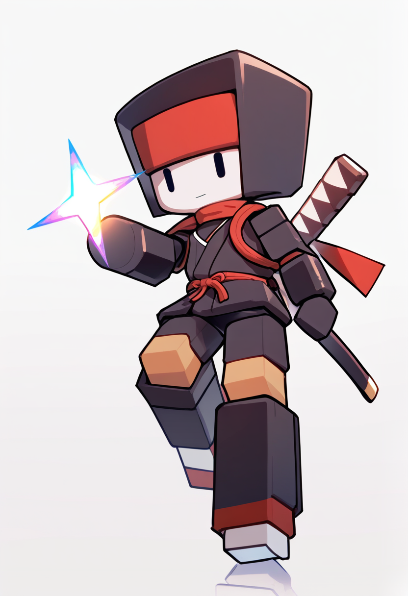 Un personaggio ninja a blocchi con maschera rossa e nera, sciarpa rossa, armatura scura, katana sulla schiena, stile pixel art