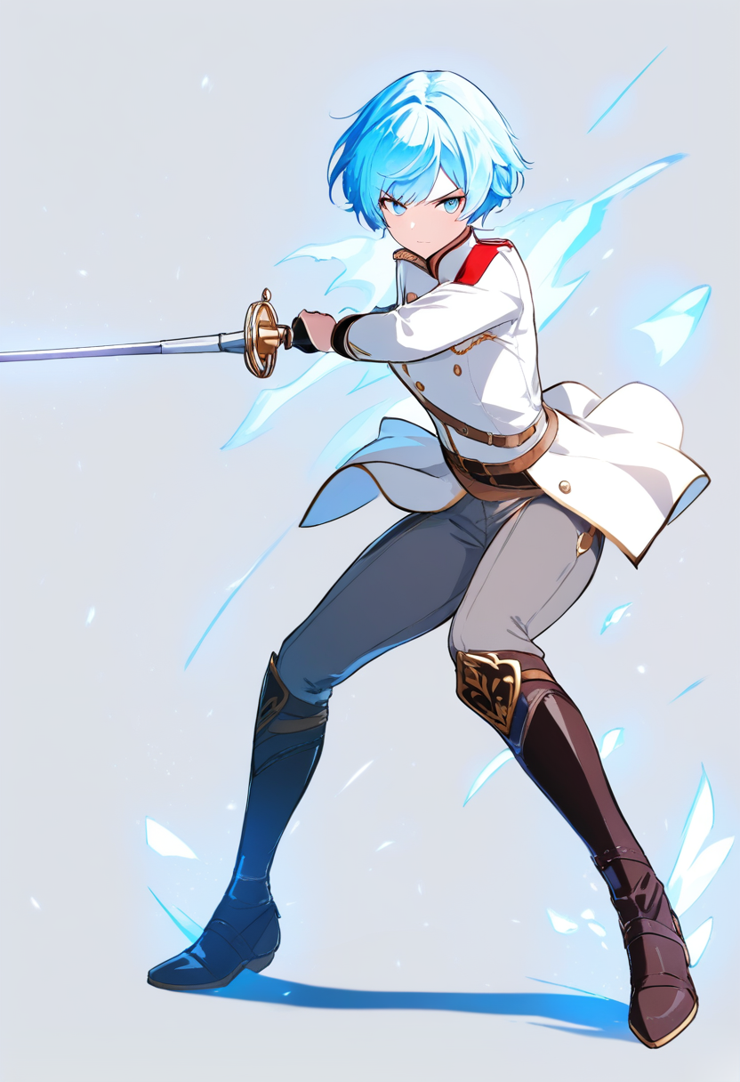 Una cazadora con larga coleta lateral blanca, vestido con patrón de copos de nieve blancos, ojos azules, blandiendo un estoque en pose de combate de esgrima