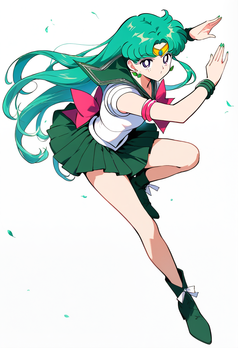 Uma sailor scout com cabelo roxo escuro longo esvoaçante, saia plissada vermelha, botas vermelhas de salto, tiara dourada, fitas de energia vermelha girando