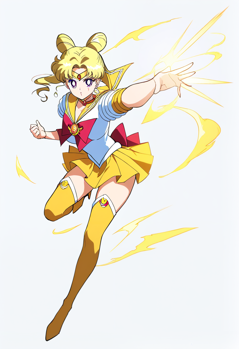 Uma sailor scout com cabelo loiro curto, saia plissada azul-marinho, botas azuis, laço amarelo, empunhando uma espada joalhada em postura de combate