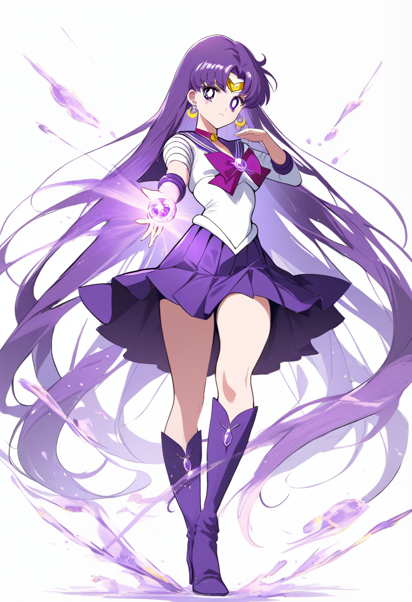 Uma sailor scout com cabelo verde longo trançado, saia plissada azul-petróleo, saltos azul-petróleo, segurando uma varinha com ponta de estrela, brincos dourados