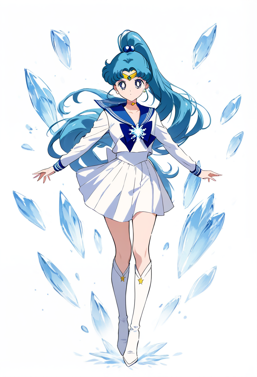 Uma sailor scout com cabelo branco longo em rabos-de-cavalo, saia lavanda, botas vermelhas, gola azul-marinho, segurando um cajado rosa em forma de coração, pétalas caindo