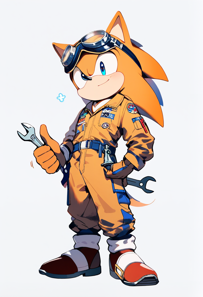 Sonic the hedgehog, anthropomorphic fox boy, orange fur, two tails, blue eyes, aviator goggles on forehead, mechanic jumpsuit, wrench in hand, thumbs up