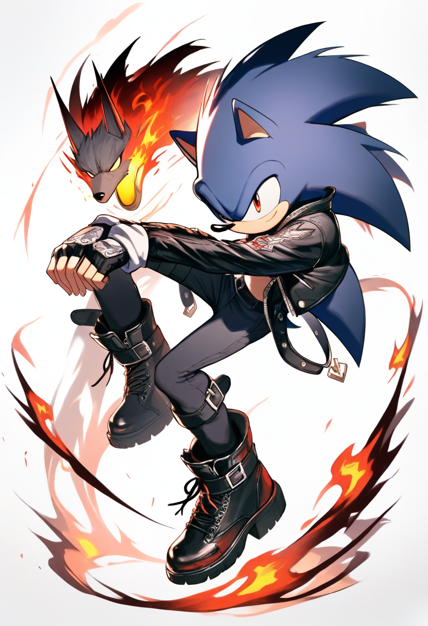 Sonic the hedgehog, anthropomorphic wolf boy, grey fur, spiky head fur, red eyes, black jacket with flames, fingerless gloves, motorcycle boots, arms crossed cool pose