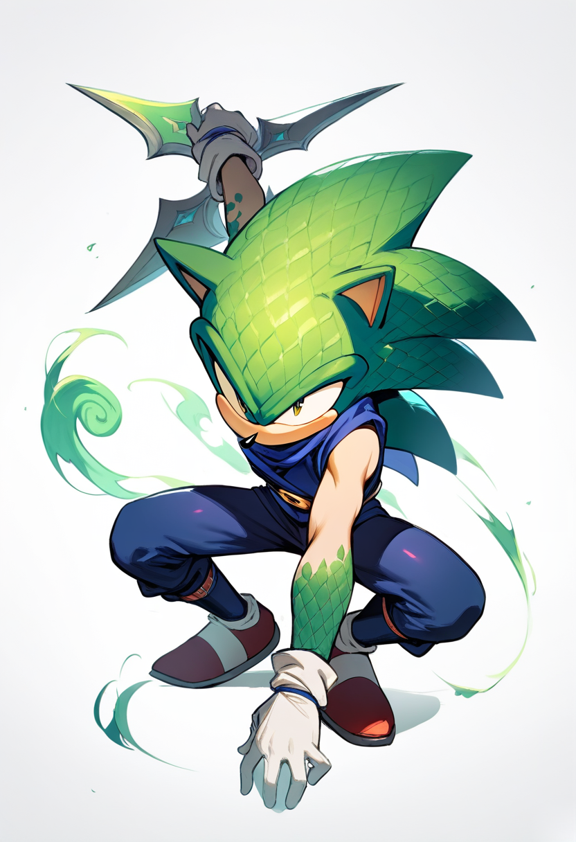 Sonic the hedgehog, anthropomorphic chameleon boy, green scales, curled tail, ninja outfit, shuriken in hand, one eye visible, stealthy crouching pose