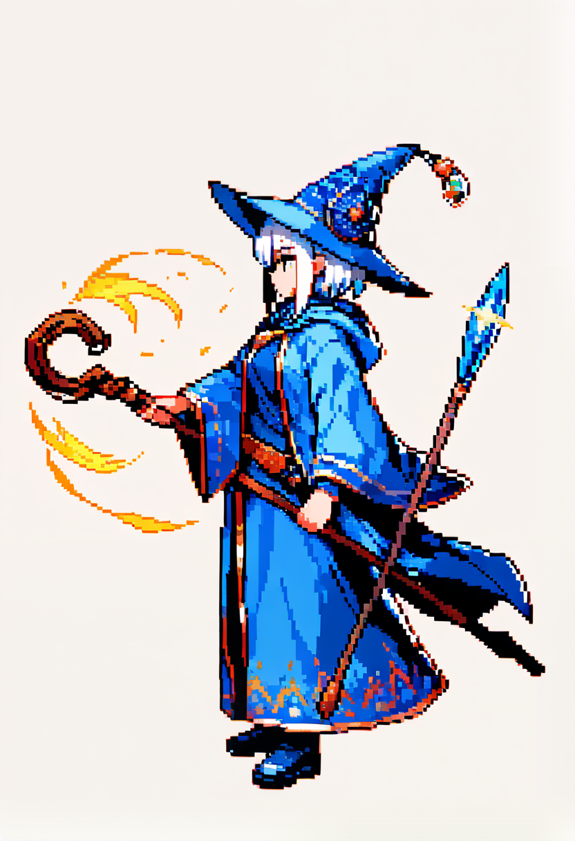 Pixel-Art, 16-Bit-Stil, Magierklasse, blaue Roben, Spitzhut, Holzstab, zaubert Spruch, Seitenansicht