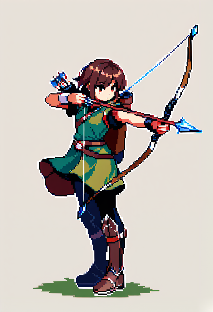 Pixel-Art, 16-Bit-Stil, Bogenschützenklasse, braunes Haar, Köcher auf dem Rücken, Langbogen, Zielhaltung, waldgrüne Tunika