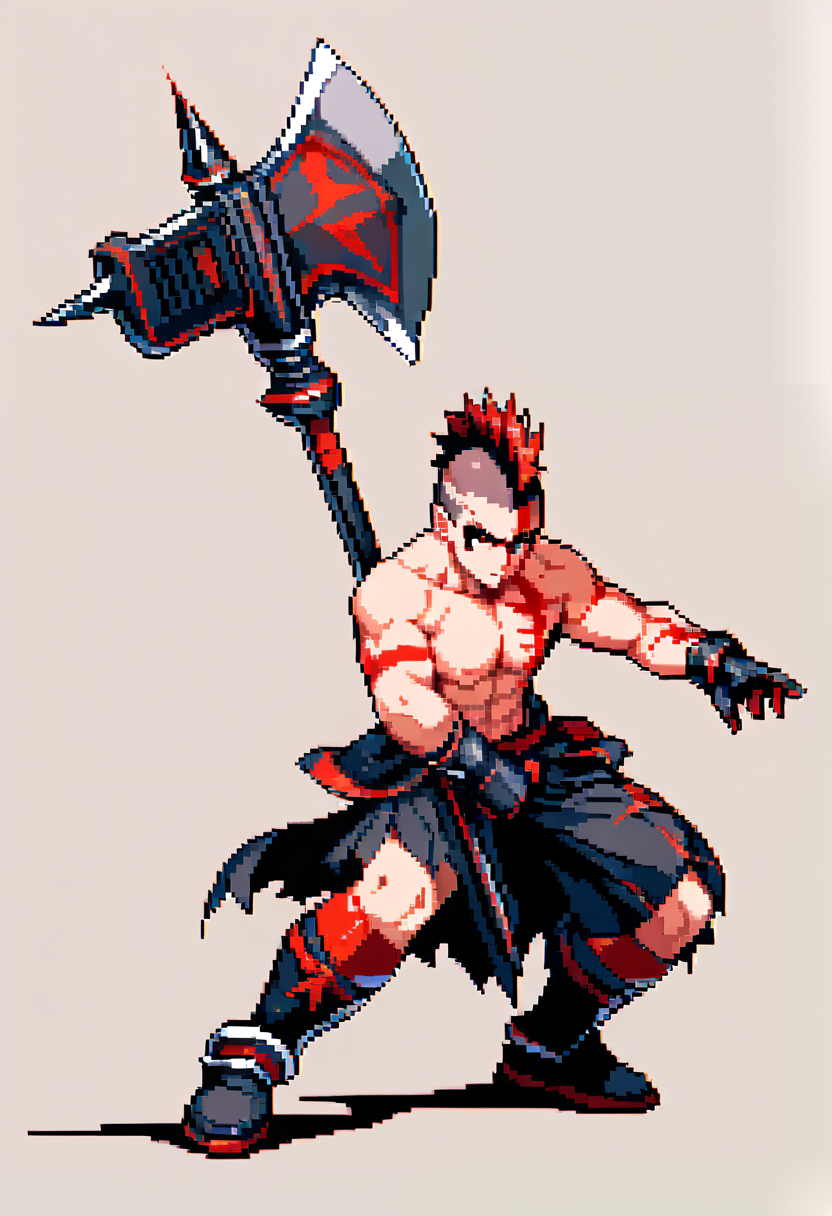 Pixel-Art, 16-Bit-Stil, Berserkerklasse, oberkörperfrei, rote Kriegsbemalung, Irokesenschnitt, riesige Axt, Angriffspose