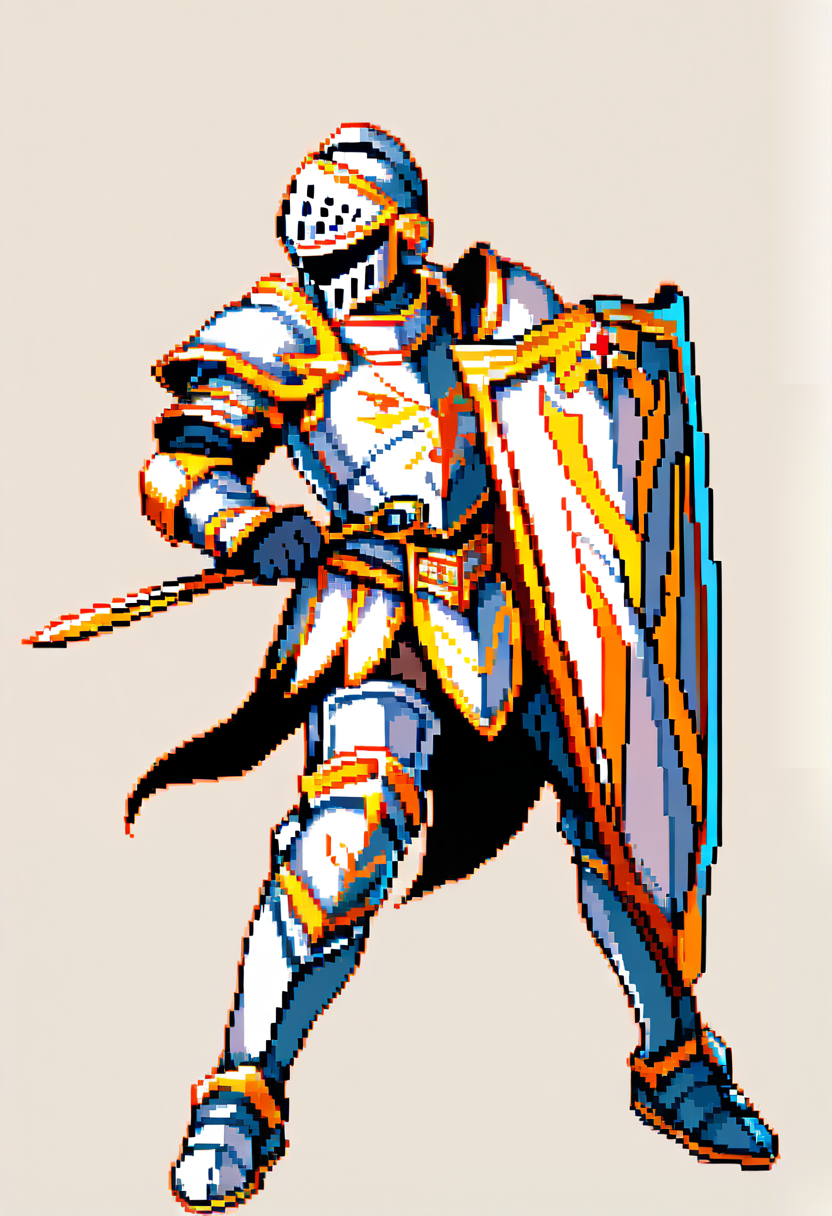 Pixel-Art, 16-Bit-Stil, Paladinklasse, Vollplattenpanzer, goldene Verzierung, Turmschild, heiliges Schwert, Verteidigungshaltung