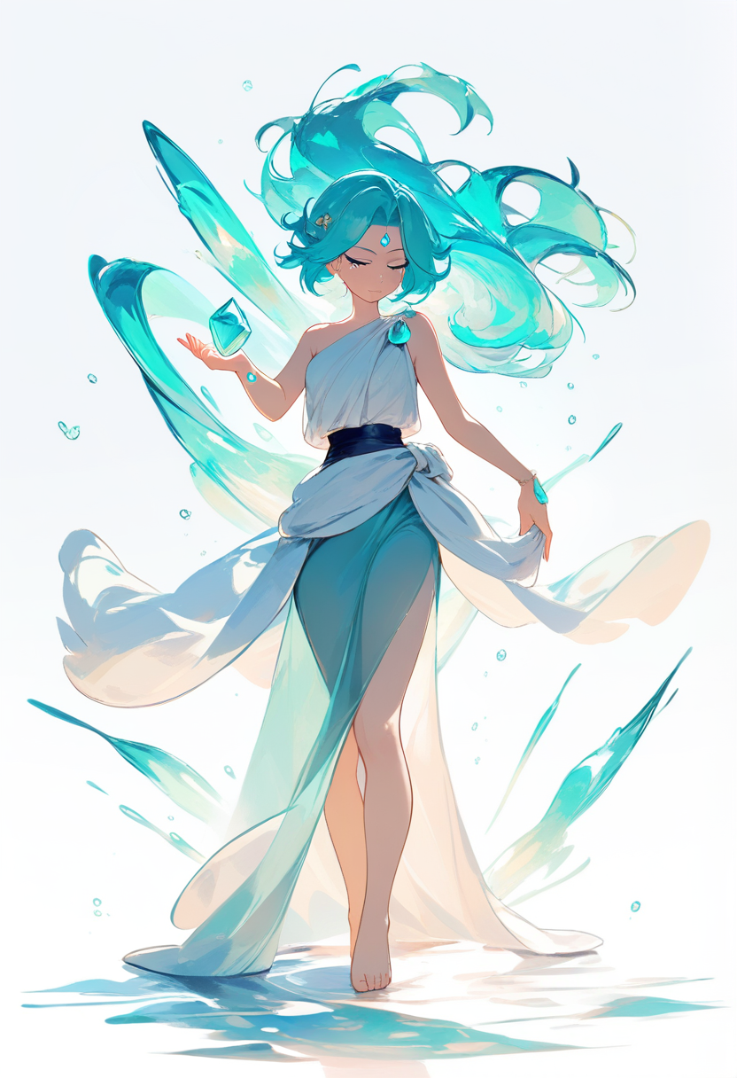 Isang fusion gem na may puting buhok, lila at teal na bodysuit, rosas na crystal shards na umiikot, eleganteng lumulutang na pose