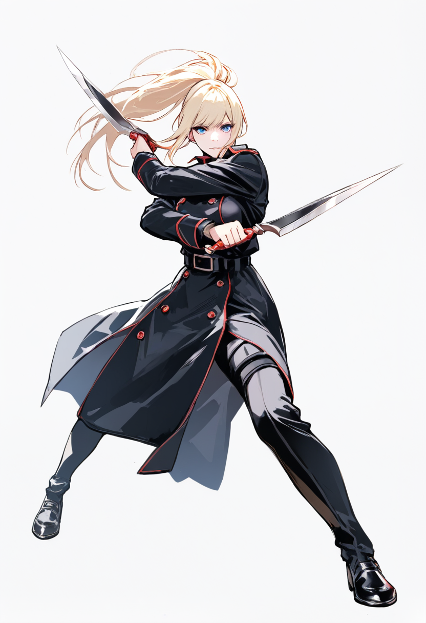 Tokyo ghoul style, ghoul investigator, long blonde hair in ponytail, sharp blue eyes, white ccg trench coat over dark uniform, quinque weapon as twin daggers, confident aggressive stance