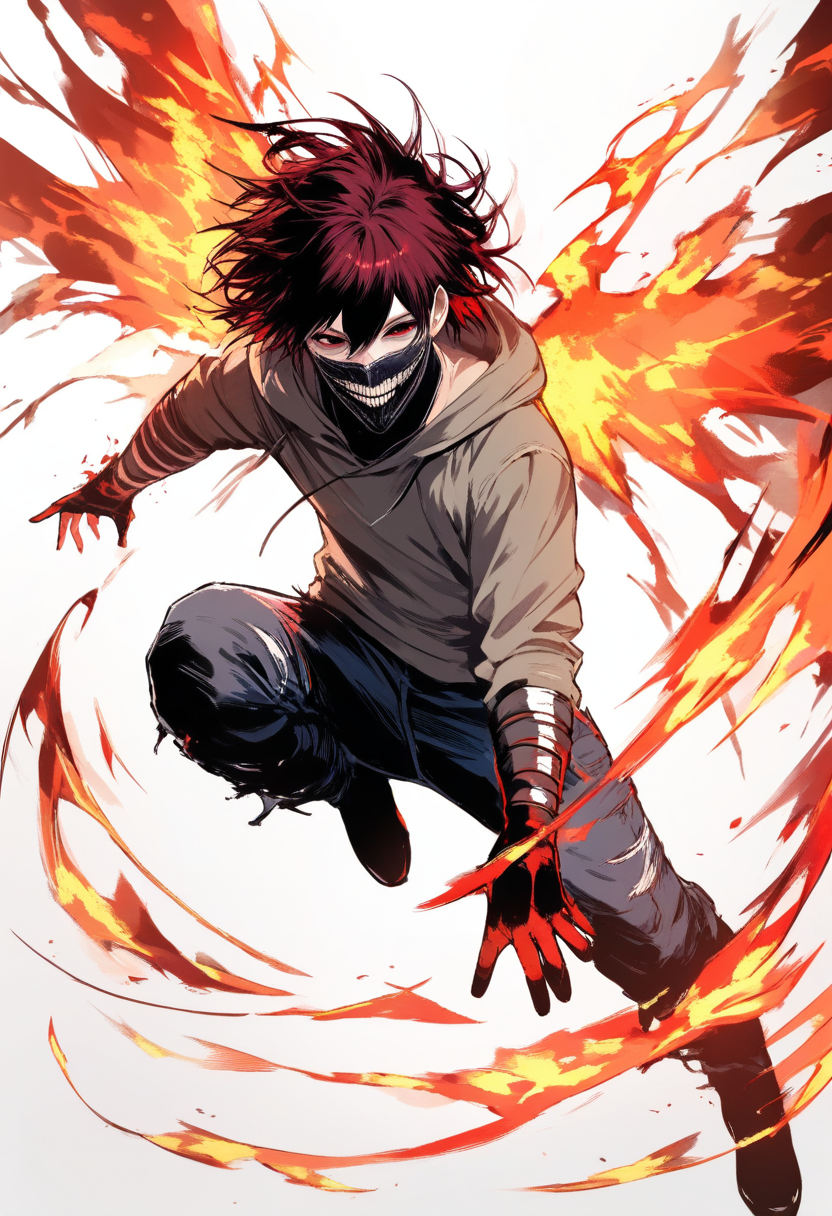 Tokyo ghoul style, ghoul, messy dark red hair, tired eyes with one kakugan, stitched leather mask covering mouth, worn grey hoodie and jeans, ukaku kagune fiery wings spread wide, desperate battle pose