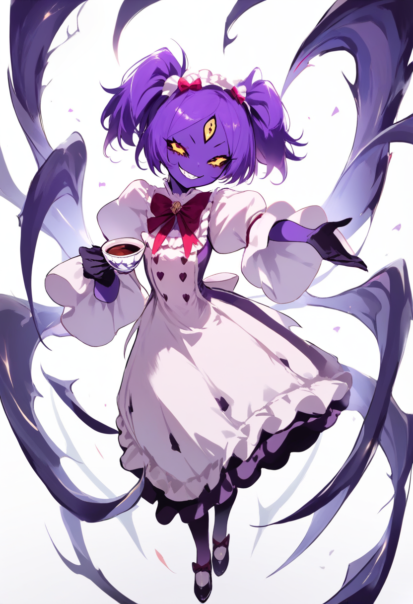 Undertale, spider monster girl, multiple eyes, purple skin, pigtails, muffet style tea party dress, puffy sleeves, holding teacup, sly grin