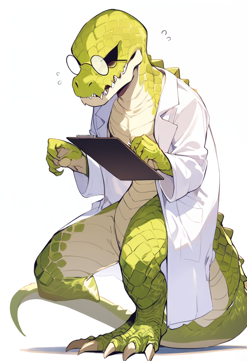 Undertale, dinosaur monster boy, yellow green scales, lab coat, thick round glasses, nervous sweat drop, clawed hands holding clipboard, hunched posture