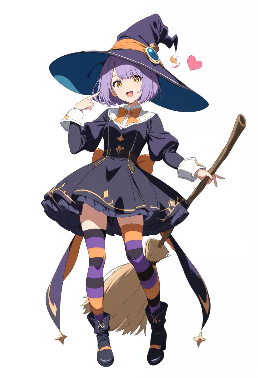 Anime coloring, short purple bob, golden eyes, witch hat, black dress, striped stockings, broom, playful wink