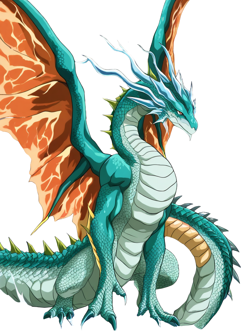 Un chico dragón estilo anime con cabello blanco azulado, cuernos pequeños, alas de cristal de hielo, traje blanco y negro con armadura y cola de dragón